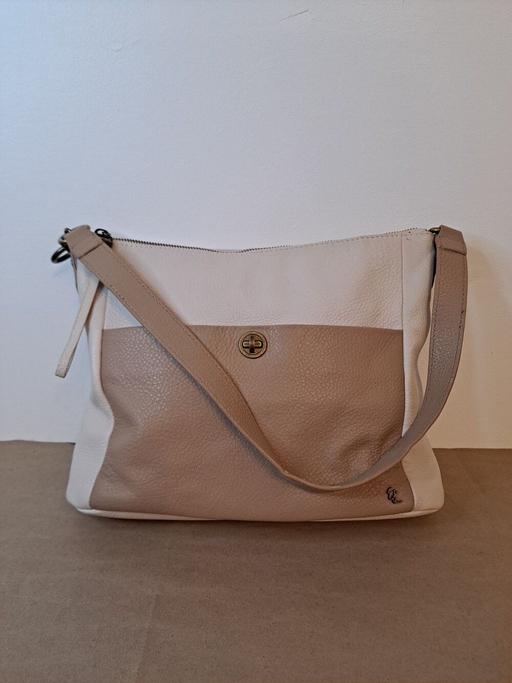 Elliot Lucca Pebbled Leather Coraline Hobo Bag Two-tone Beige Cream 12"x9"x4.5"